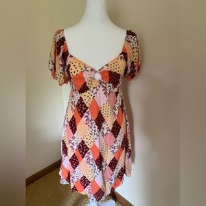 3rd + Malt Quilt Pattern Orange, Pink, Brown Boho Prairie Dress Size Small